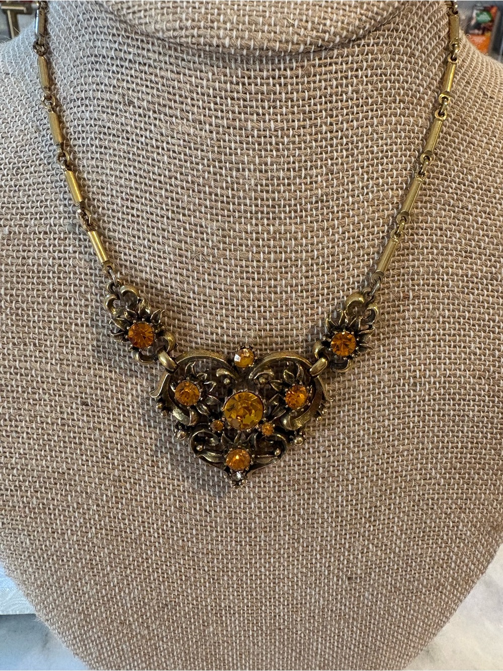 Vintage Signed Coro Floral Pendant Choker Necklace with Amber Crystals